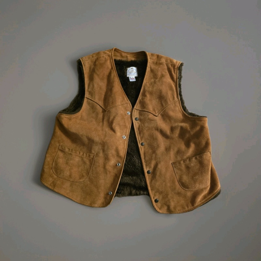Vintage 70s Mid Western Leather Vest Brown Mens XL USA Made Fur Button